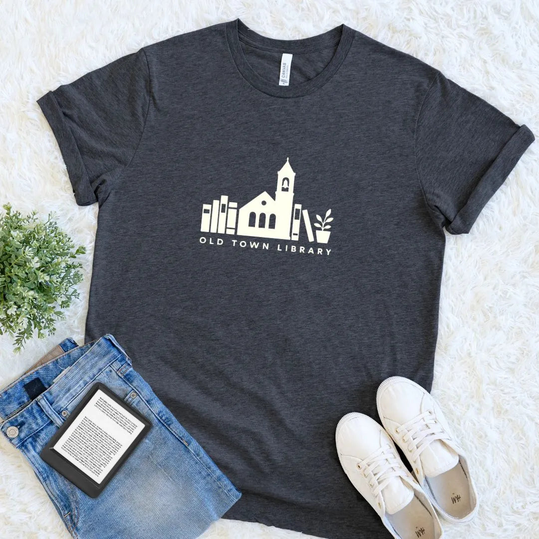 Cozy literary shirt with Old Town Library graphic for bibliophiles and readers on dark grey heather fabric