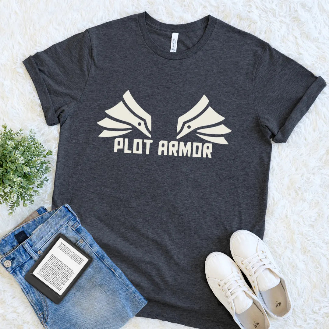Cozy literary T-shirt with gamer and fantasy book aesthetic design on dark gray heather fabric