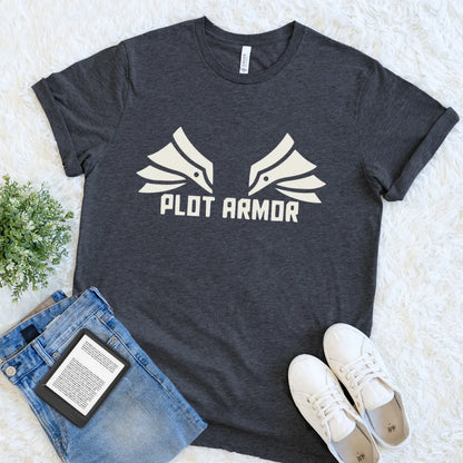 Cozy literary T-shirt with gamer and fantasy book aesthetic design on dark gray heather fabric