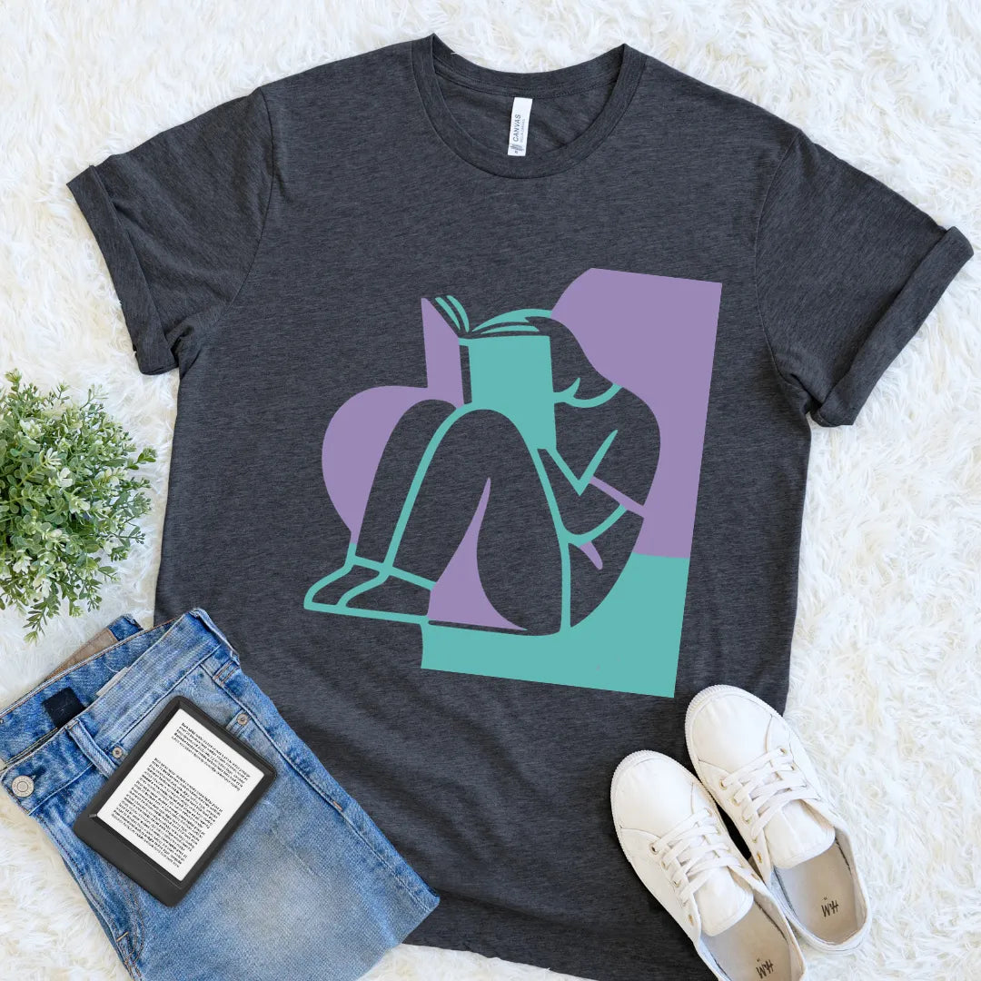 Dark Grey Heather Lost In A Book bookish T-shirt with a teal and lavender abstract reading illustration, a modern artsy shirt for devoted readers.