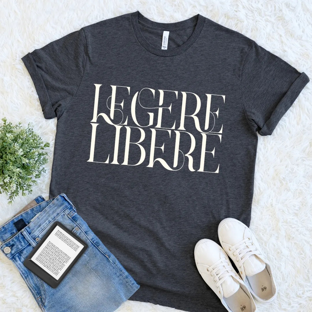Dark Grey Heather Legere Libere Read Freely bookish graphic tee with bold serif typography, an understated Latin quote reader shirt.