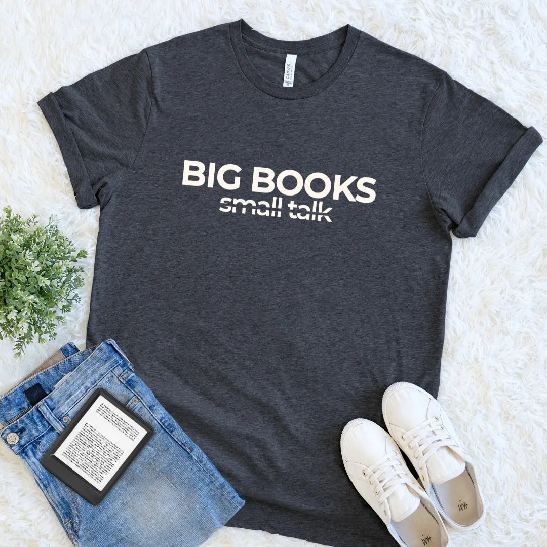 Dark Grey Heather Big Books No Small Talk minimalist book lover T-shirt
