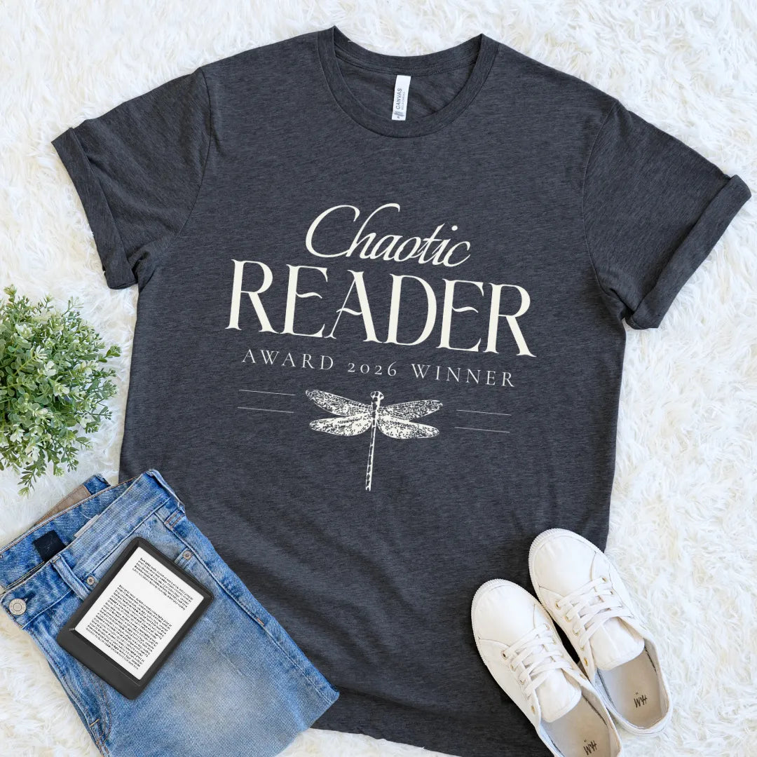 Cozy literary shirt with Chaotic Reader quote styled with vintage aesthetic on dark grey heather fabric