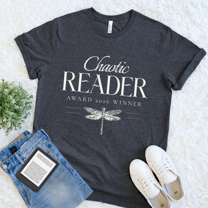 Cozy literary shirt with Chaotic Reader quote styled with vintage aesthetic on dark grey heather fabric