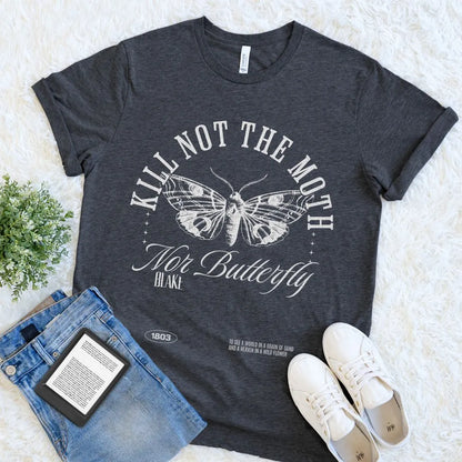 Moody aesthetic book lover T-shirt  in dark grey heather featuring vintage moth design and William Blake quote