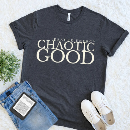 Cozy literary shirt with reader energy slogan in vintage font on dark grey heather fabric