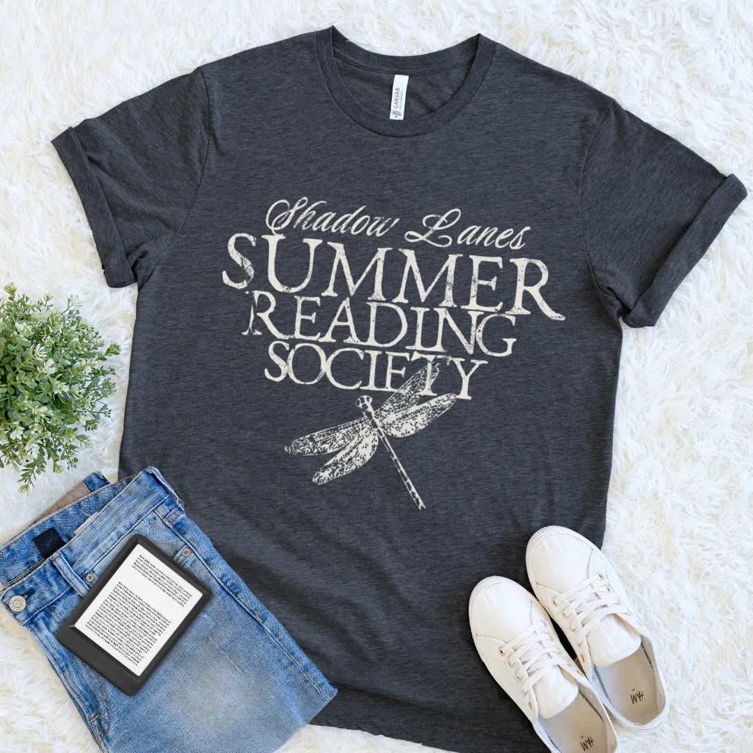 Cozy literary shirt with summer reading slogan and vintage dragonfly illustration on charcoal grey heather 