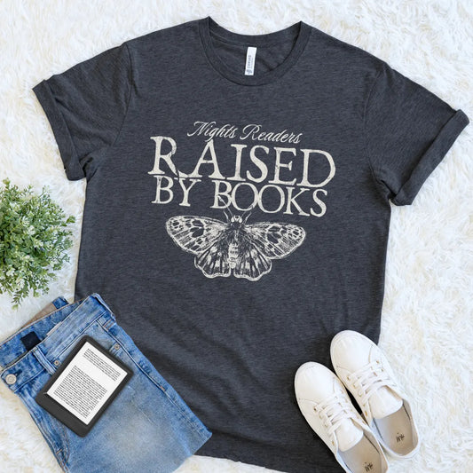Vintage-style reader shirt featuring night readers quote and moth graphic on dark grey heather fabric