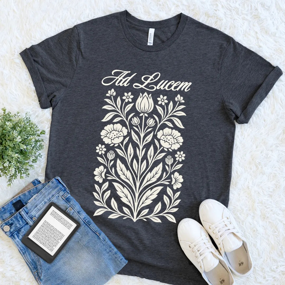 Dark Grey Heather Ad Lucem botanical Latin quote T-shirt featuring vintage floral artwork, an intellectual dark academia tee for quietly determined souls.