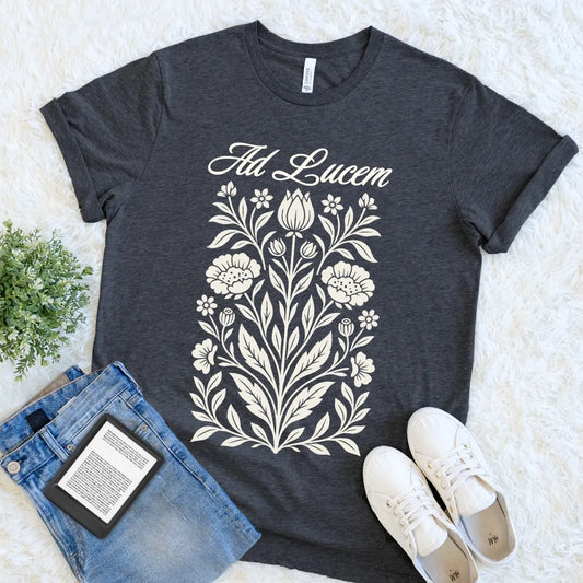 Dark Grey Heather Ad Lucem botanical Latin quote T-shirt featuring vintage floral artwork, an intellectual dark academia tee for quietly determined souls.