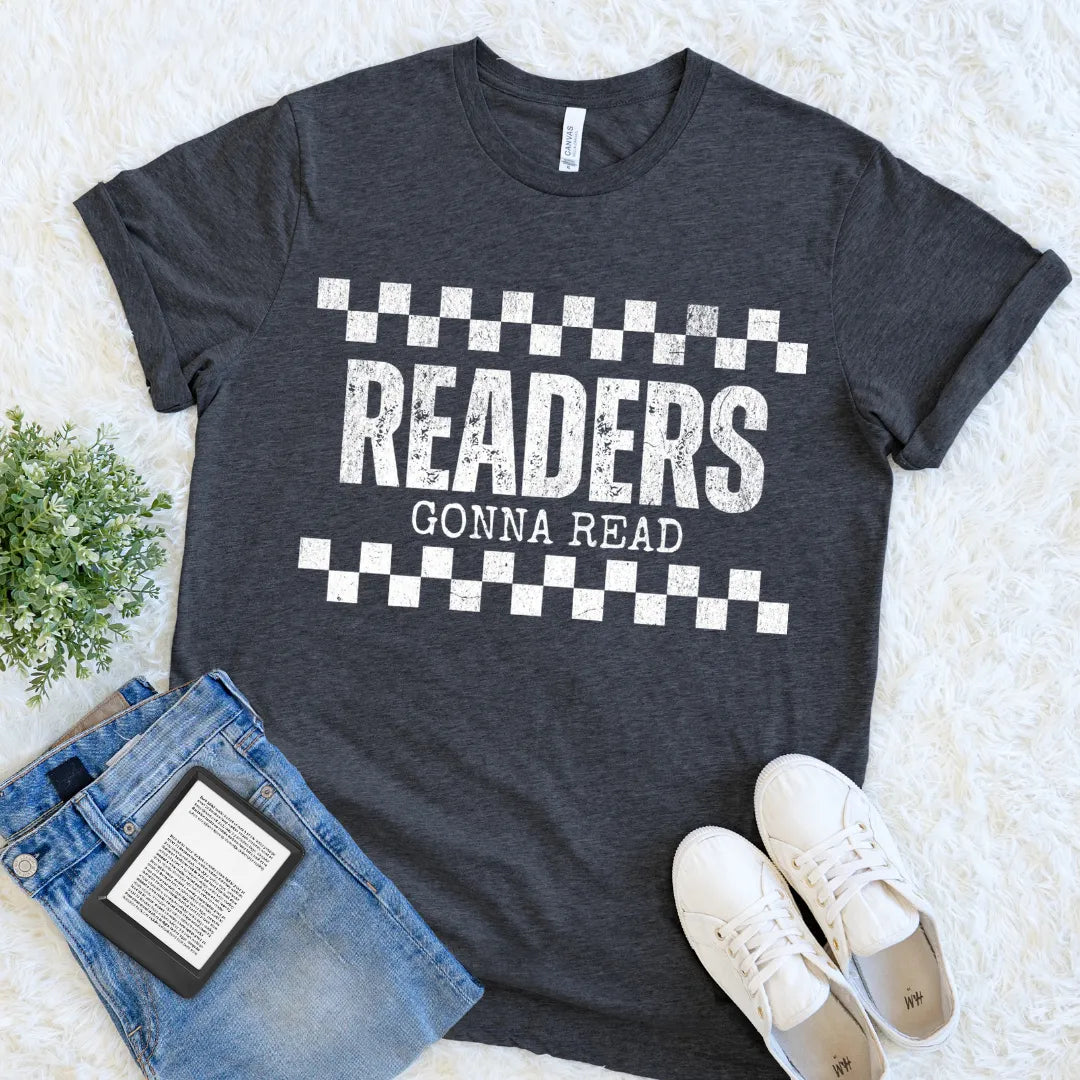 Book lover shirt in dark grey heather featuring a "readers gonna read" text,  literary humor tee perfect for bookworms and introvert readers.