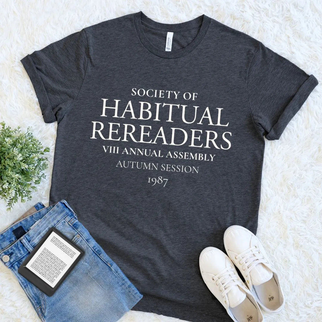 Dark grey heather reader shirt with retro Society of Habitual Rereaders design for bibliophiles and dark academia fans