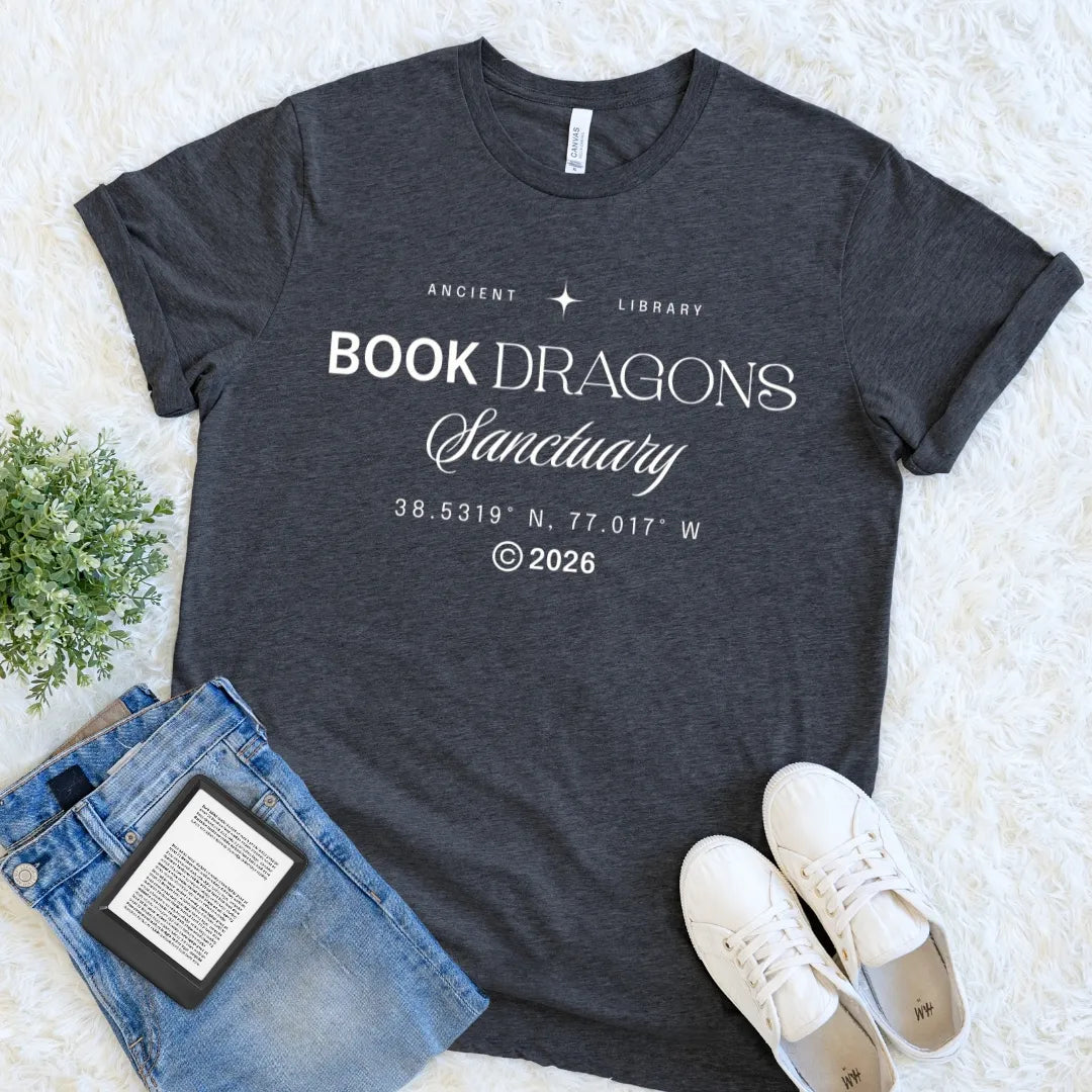 Dark Grey Heather Book Dragons Sanctuary minimalist library book lover T-shirt