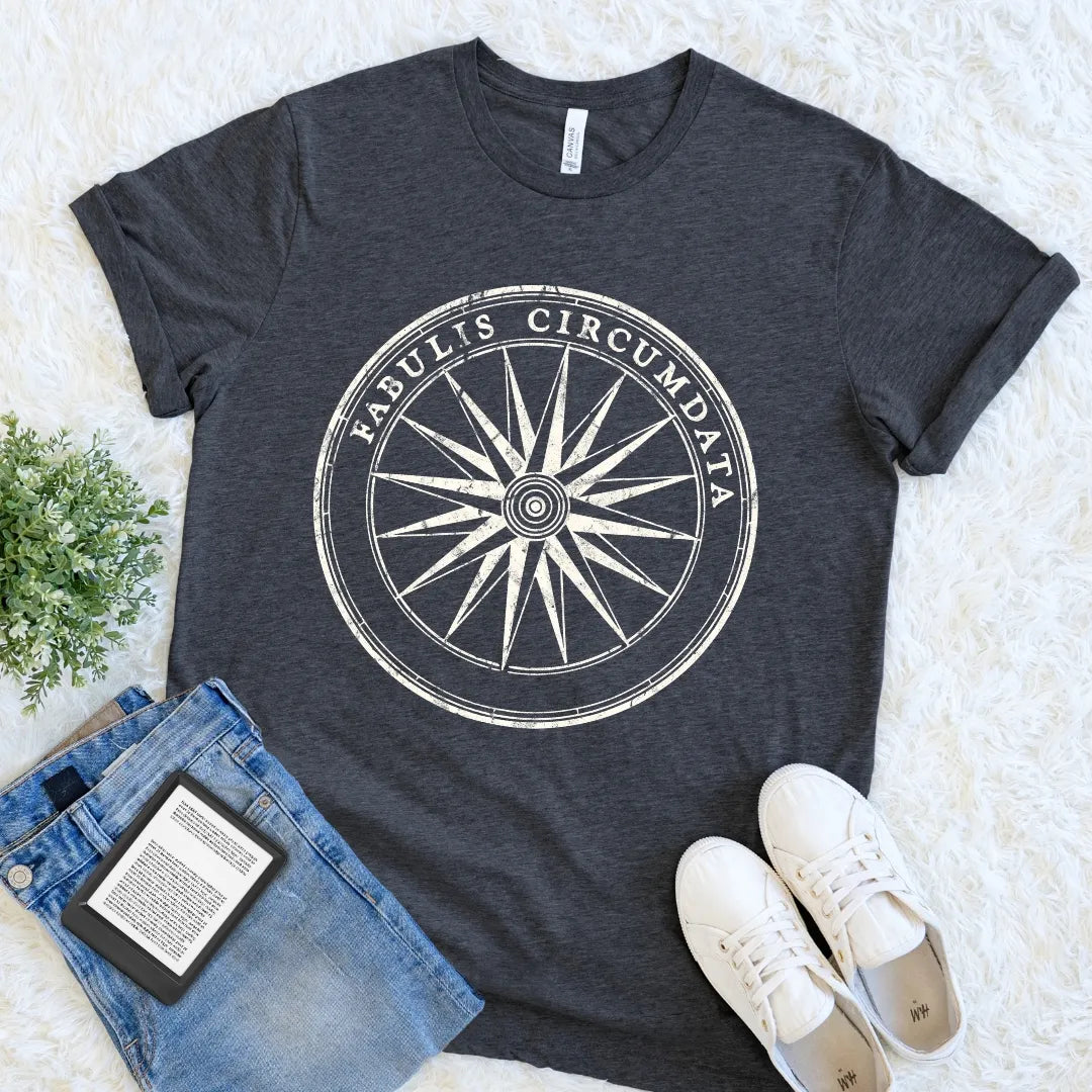 Dark Grey Heather literary graphic tee with a distressed compass motif and the feminine Latin motto surrounded by stories