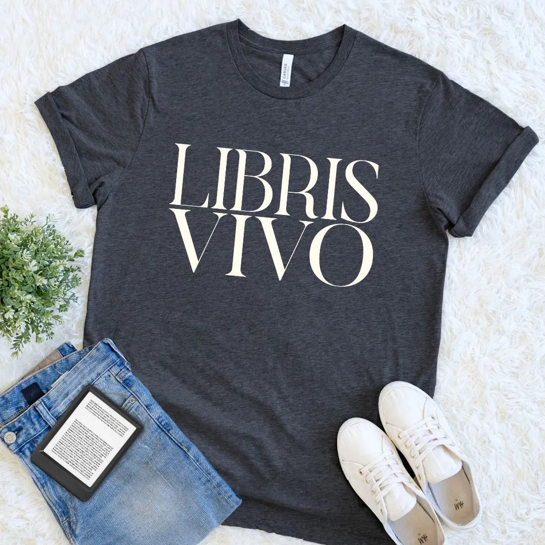 Dark grey heather Libris Vivo graphic tee for librarians, scholars, and lifelong readers