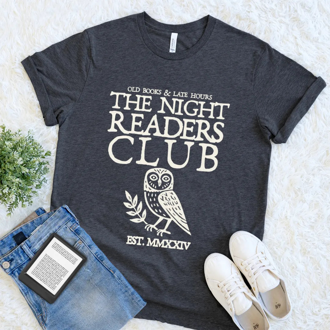 Dark grey heather literary graphic tee designed for librarians, night readers, and vintage book collectors