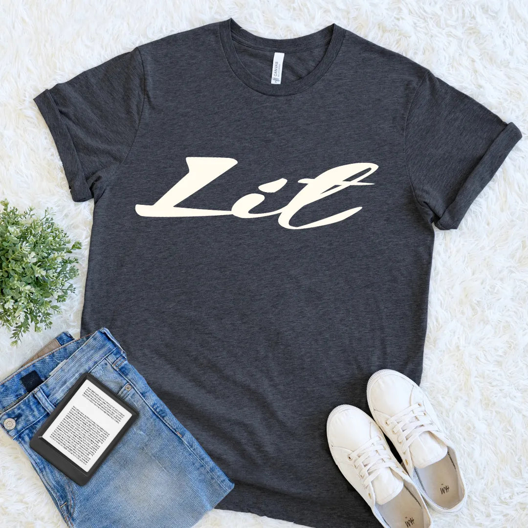 Dark grey heather Lit shirt with cream lettering for anyone who considers literature genuinely lit