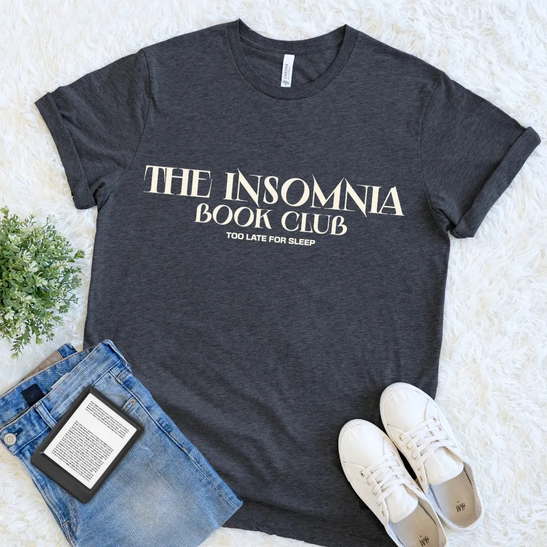 Dark grey heather literary graphic tee for readers who stay up for one more chapter