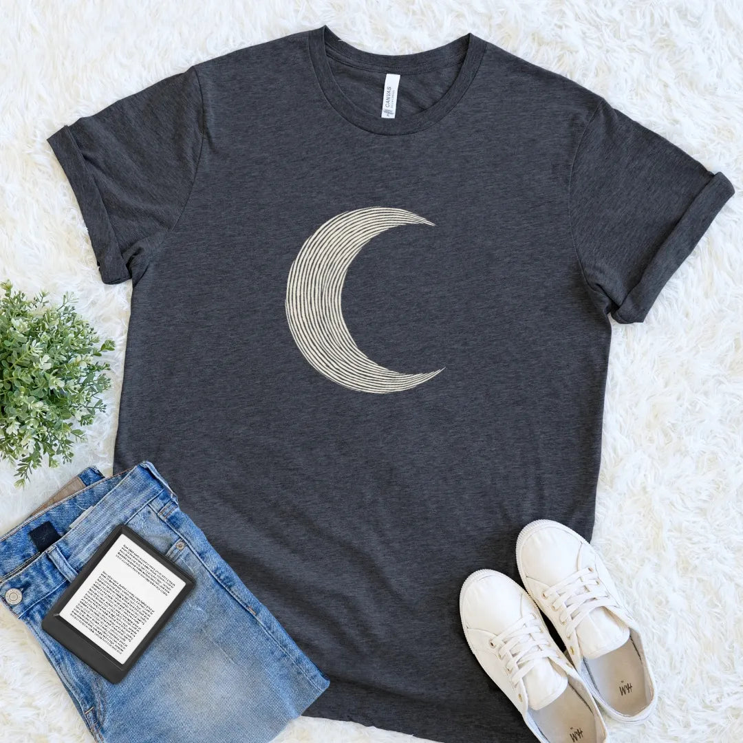 Dark grey heather moon graphic tee featuring a finely striped crescent design