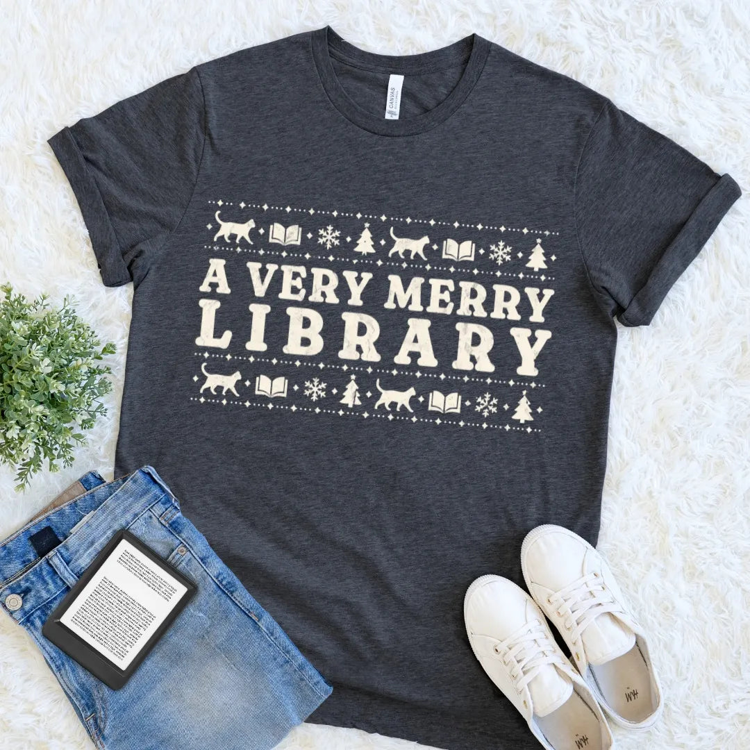 Dark Grey Heather literary Christmas T-shirt with cream Nordic-inspired books and winter motifs
