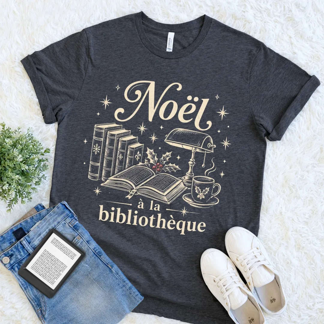Dark Grey Heather book lover Christmas T-shirt inspired by quiet winter evenings in a classic library