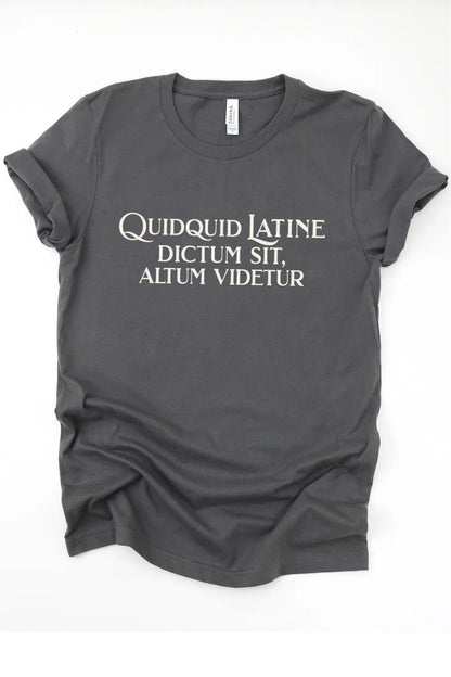 Gray dark academia t-shirt with 'STILL NOT OVER THE LIBRARY OF ALEXANDRIA' text on a white background