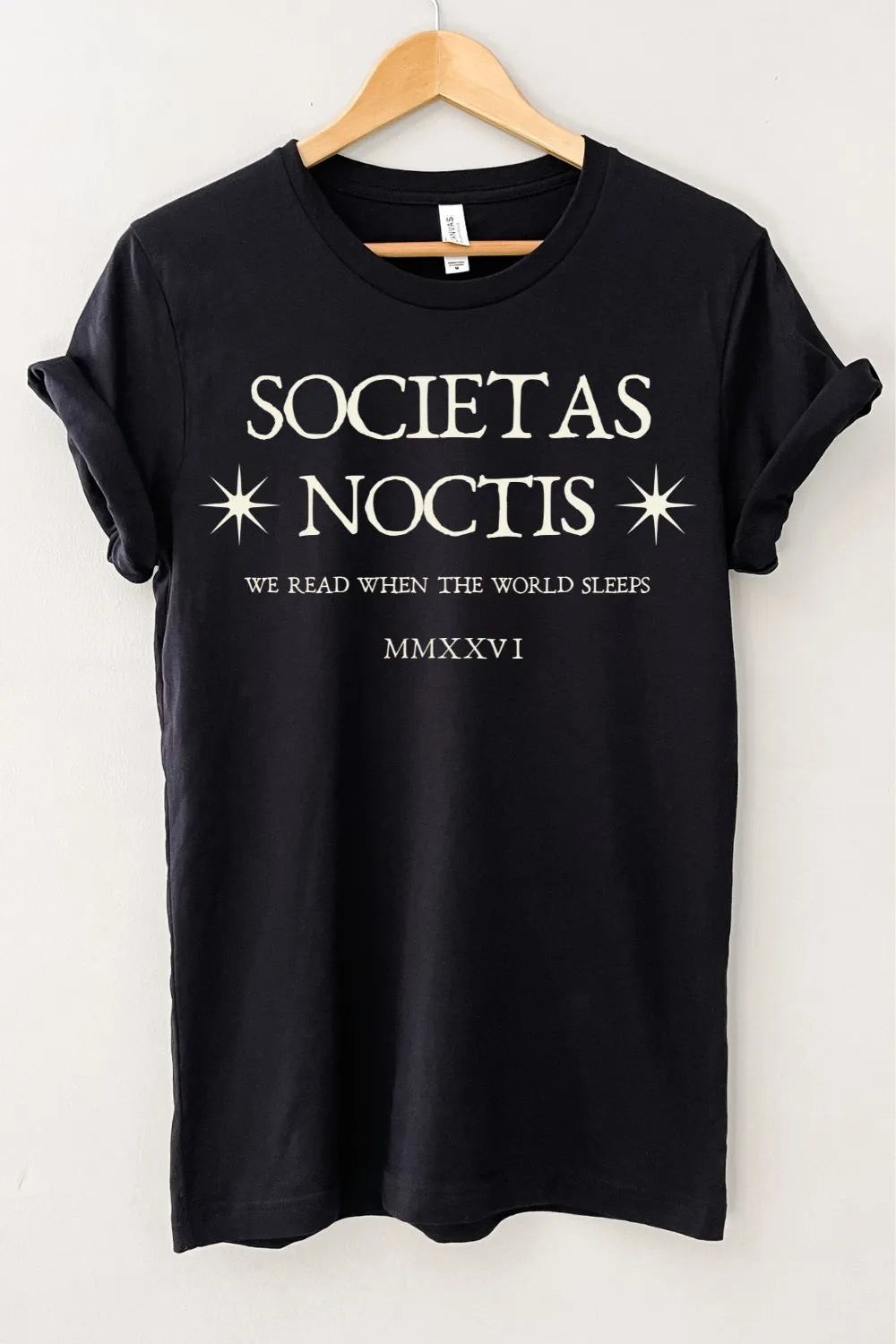 Soft cotton black dark academia T-shirt with “Societas Noctis” Latin text 