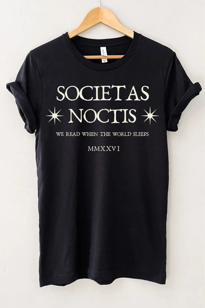 Soft cotton black dark academia T-shirt with “Societas Noctis” Latin text 