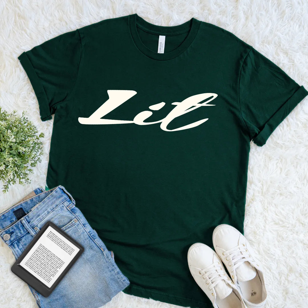 Forest green minimalist reader T-shirt pairing vintage script with understated bookish humor