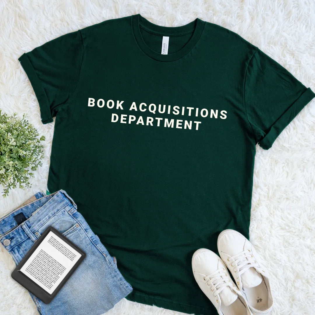 Forest green Book Acquisitions Department T-shirt with understated cream staff-style lettering