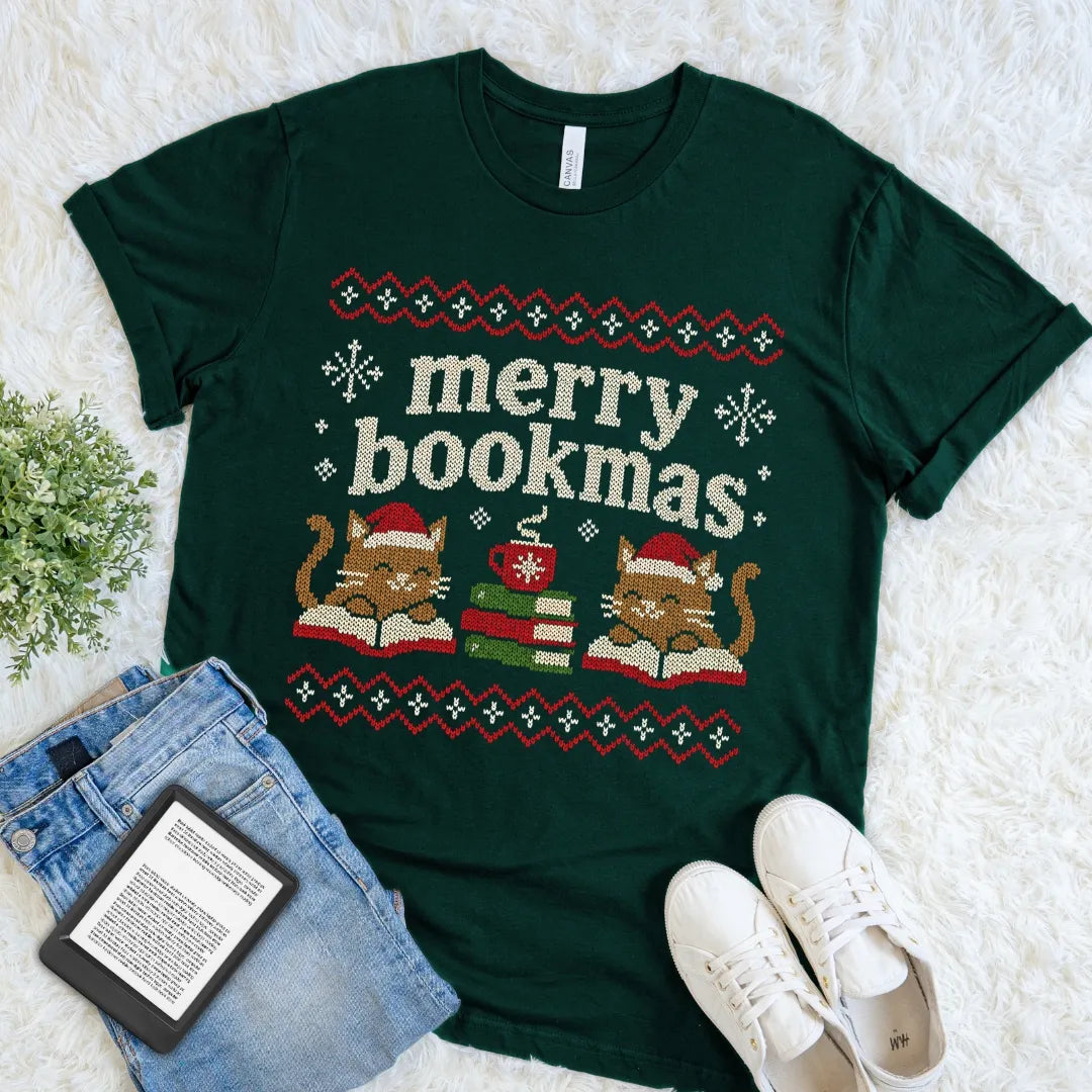 Forest green book lover holiday tee with cozy reader cats and a vintage ugly-sweater design