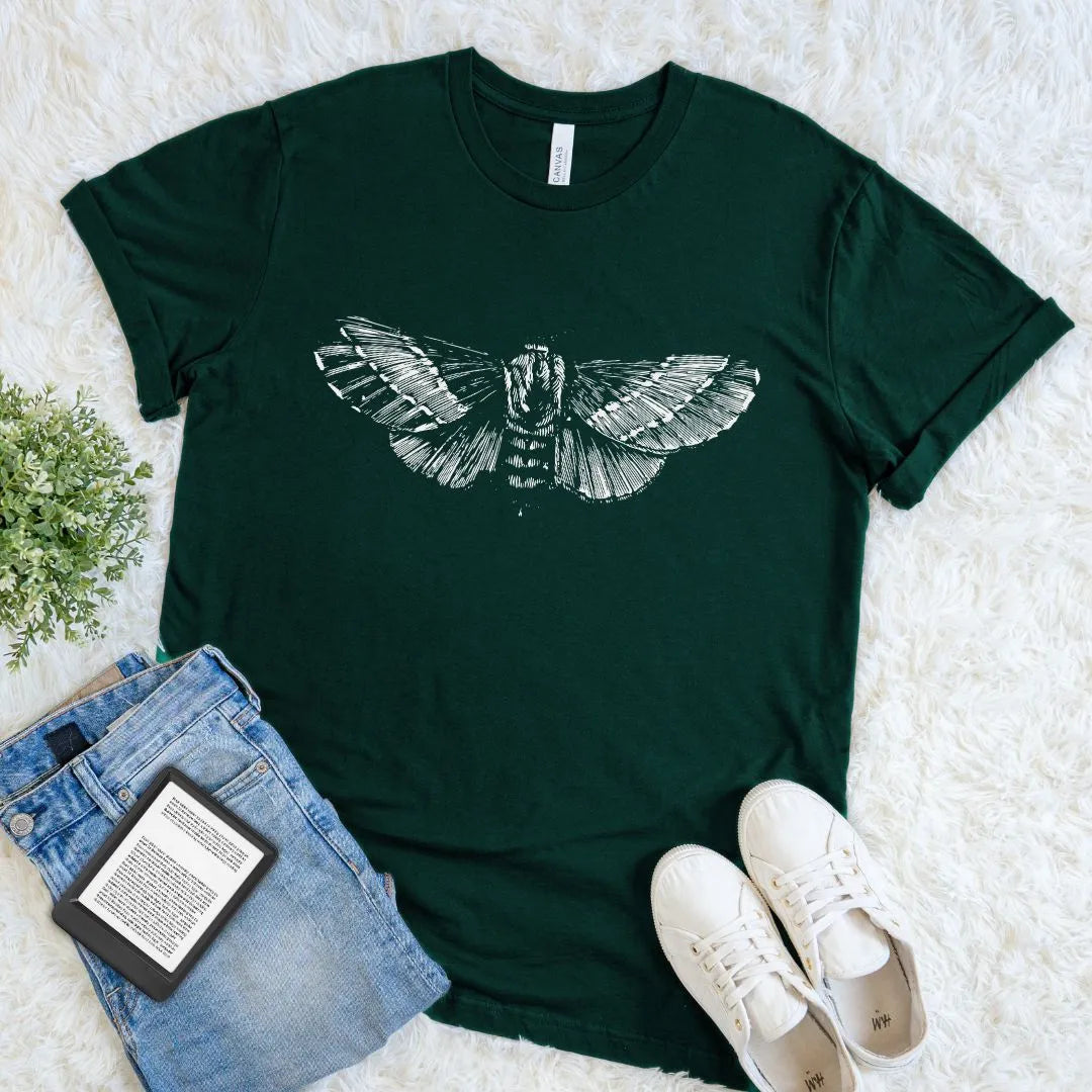 Forest green soft cotton  bookish T-shirt with minimalist white moth illustration