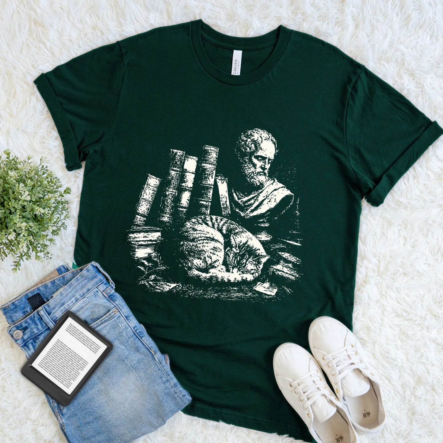 Dark Academia Graphic T-shirt - Library Cat and Classical Books Vintage Scholar Tee