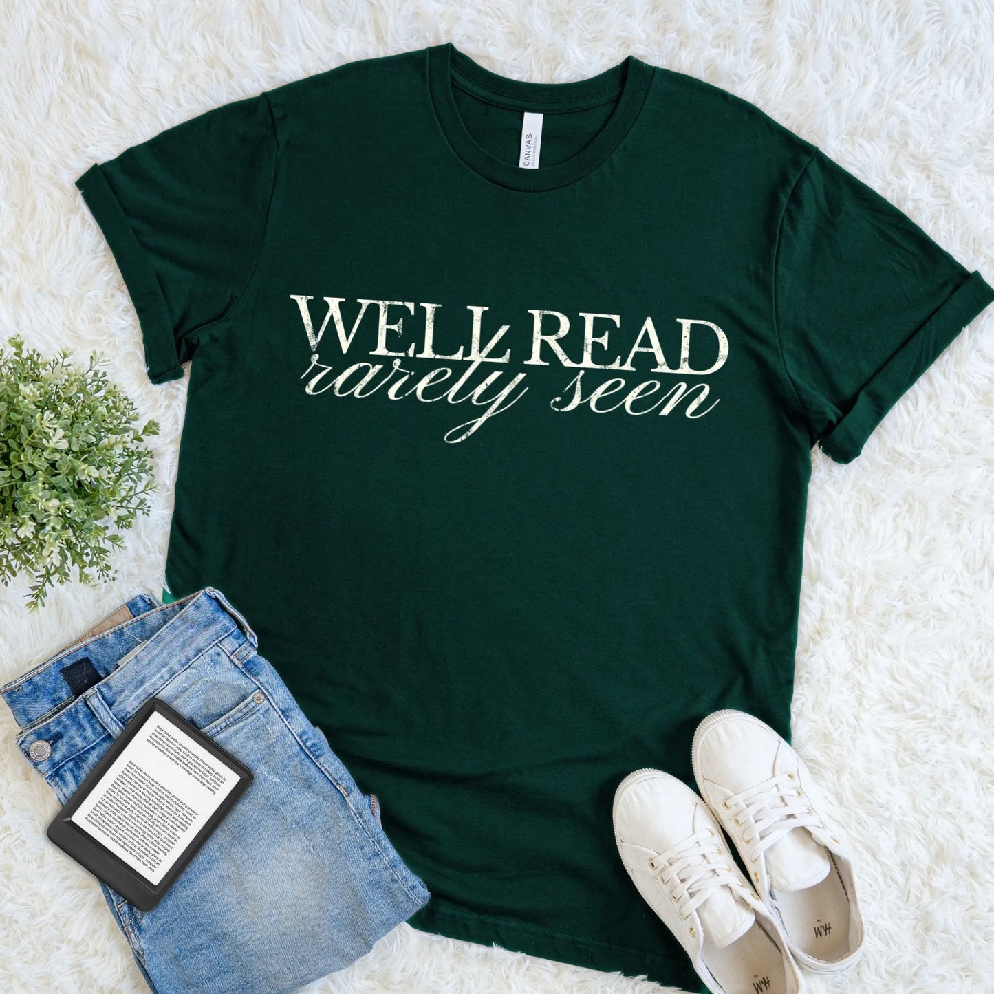 Vintage style literary T-shirt with Well Read Rarely Seen text design on forest green cotton