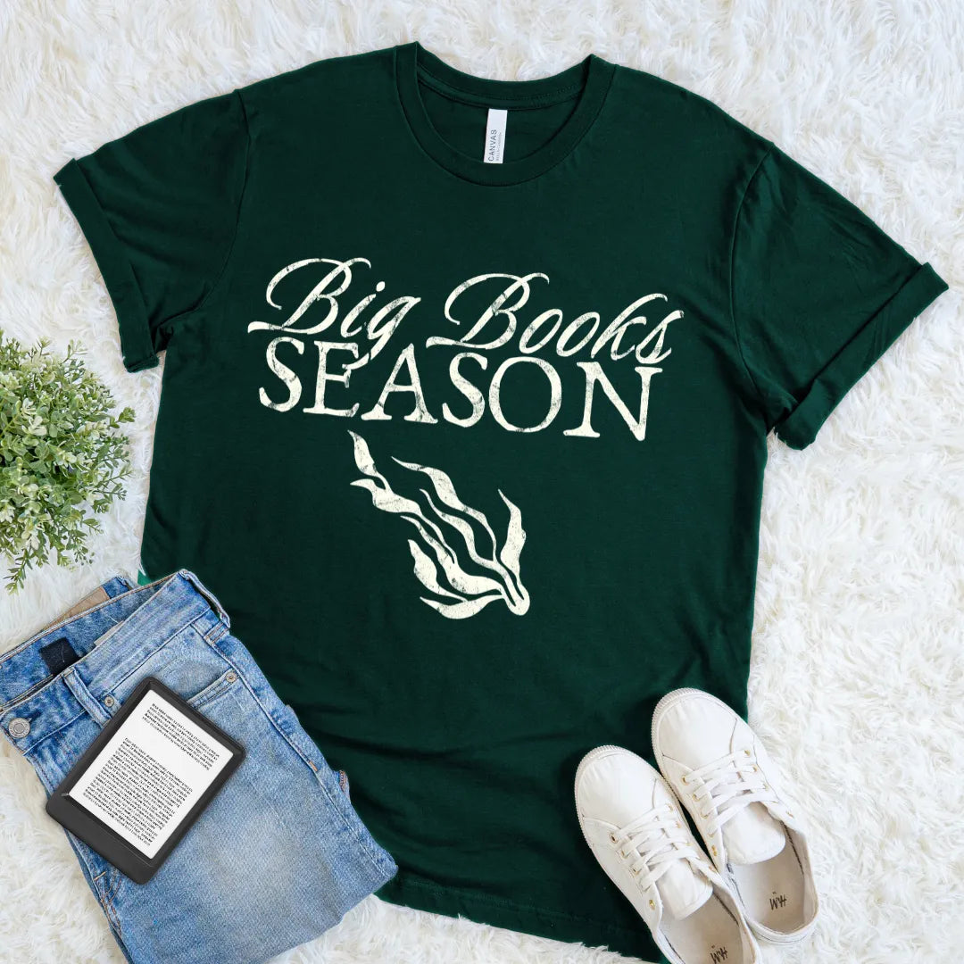 Soft cotton book lover T-shirt with beachy reading aesthetic graphic on forest green 