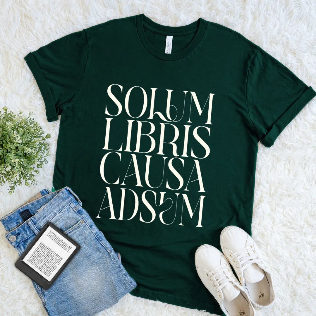 Soft cotton reader shirt with Latin literary quote on a forest green cotton 