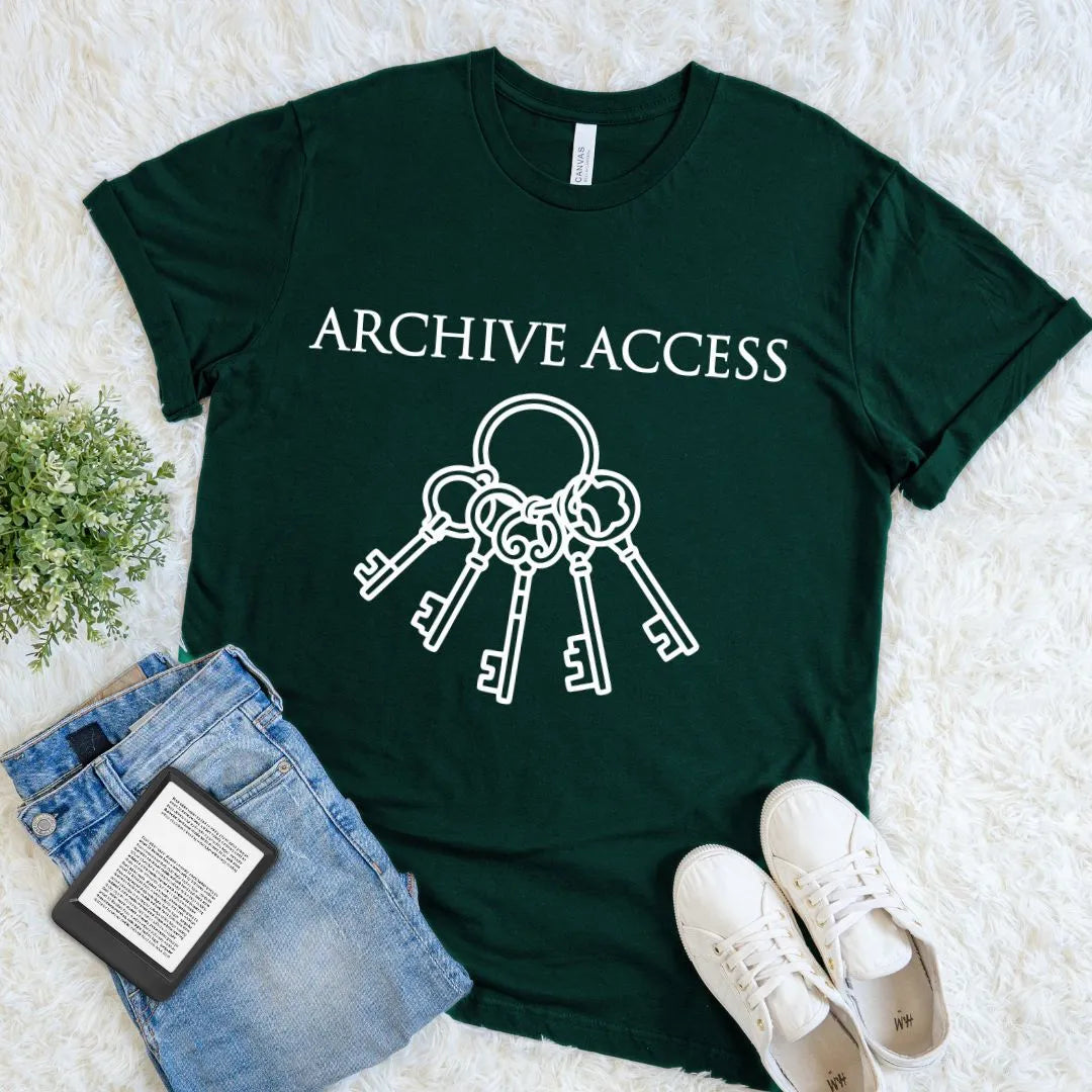 forest green book lover T-shirt featuring Archive Access text with vintage skeleton keys illustration
