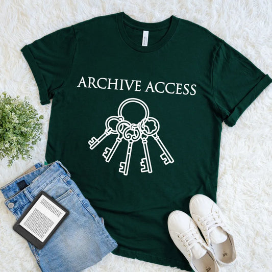 forest green book lover T-shirt featuring Archive Access text with vintage skeleton keys illustration