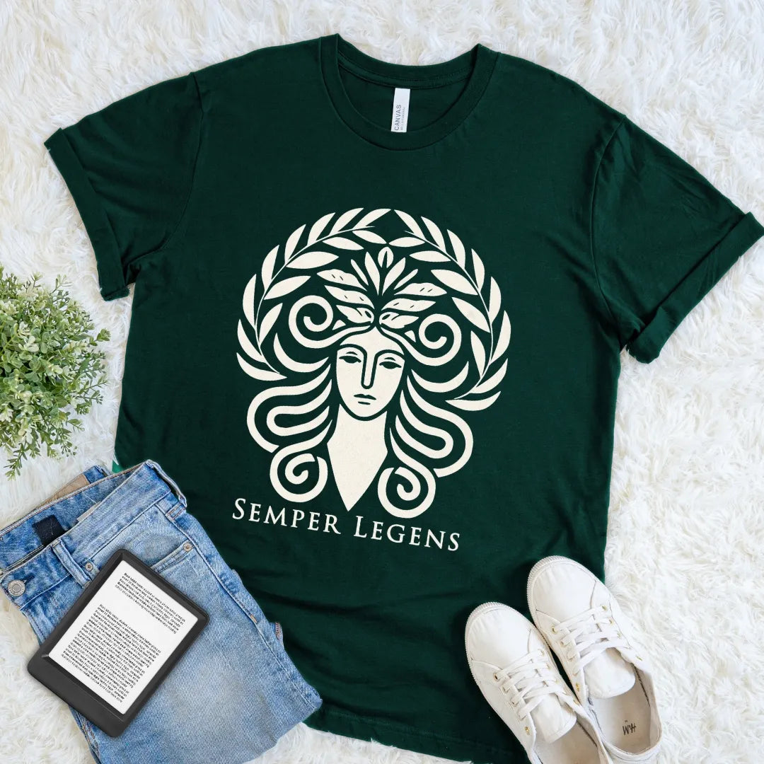 Forest green book lover shirt with the Latin phrase Semper Legens beneath an ornate horned woman illustration
