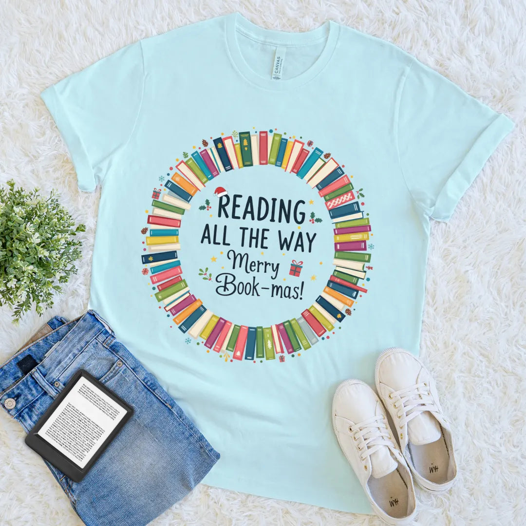 Cheerful Christmas shirt celebrating books and holiday joy