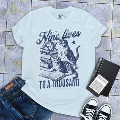 nine lives cat reading shirt for book lovers