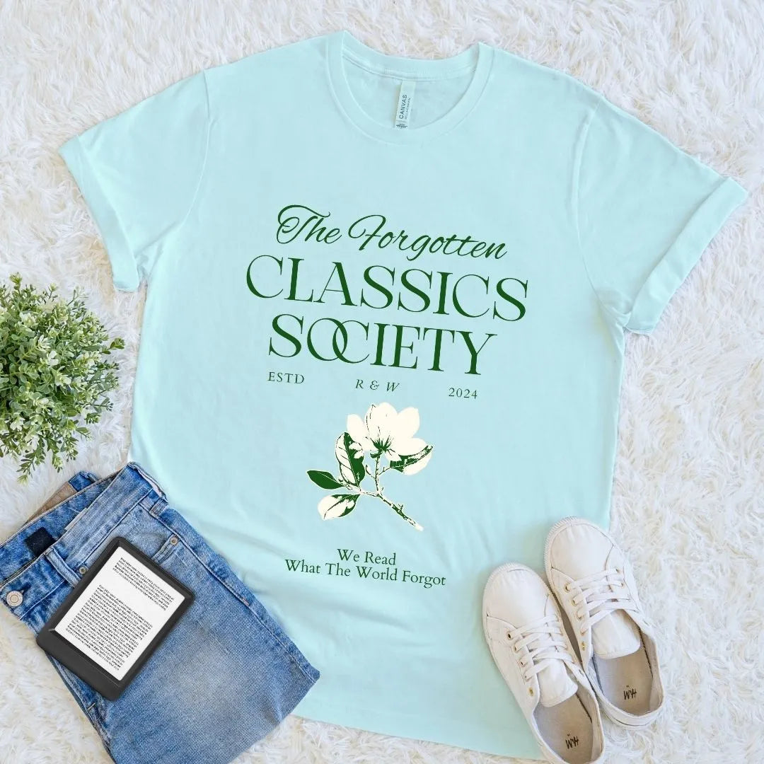 Heather Ice  blue t-shirt with 'The Forgotten Classics Society' design for readers and magnolia flower illustration