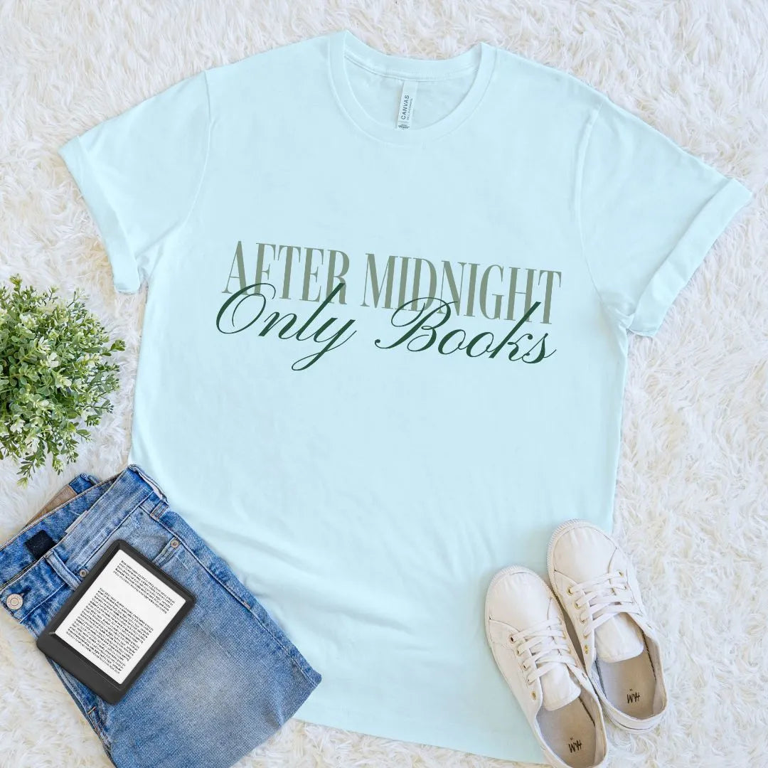 Bookish tee with soft green typography on heather ice blue fabric