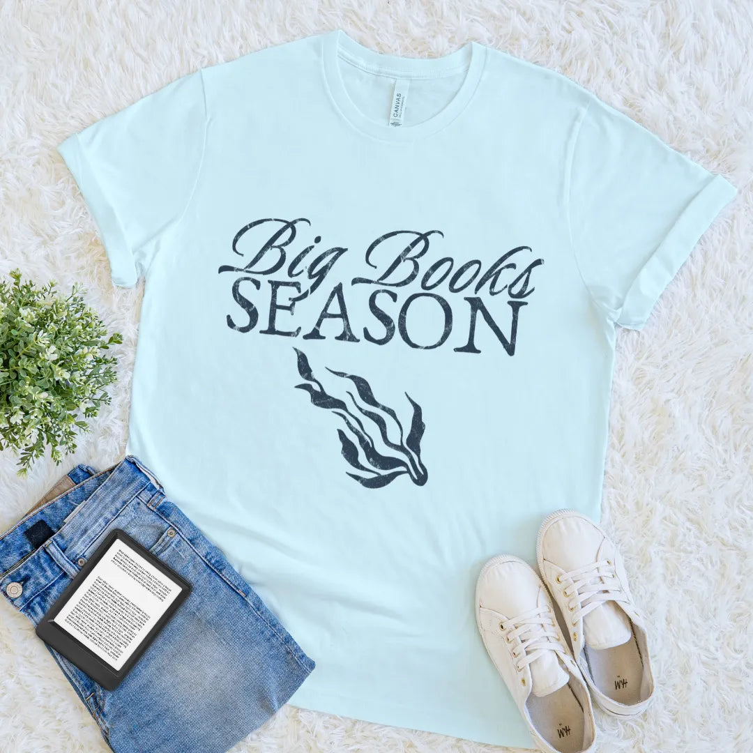 Heather ice blue reader shirt with vintage Big Books Season typography and seaweed illustration