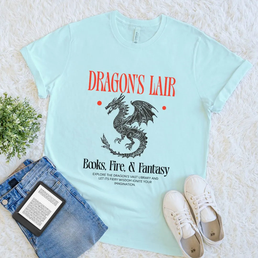 Illustrated mythical dragon with gothic lettering on heather Ice blue t-shirt