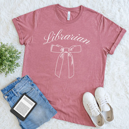 aesthetic librarian shirt with simple white line bow