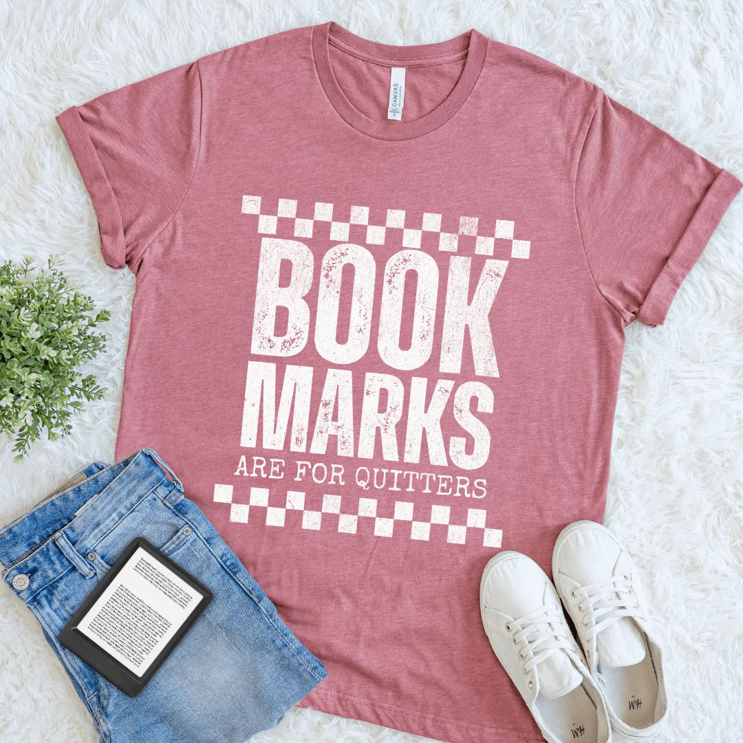 Pink graphic tee for readers who finish books in one sitting, no bookmarks allowed, in heather mauve