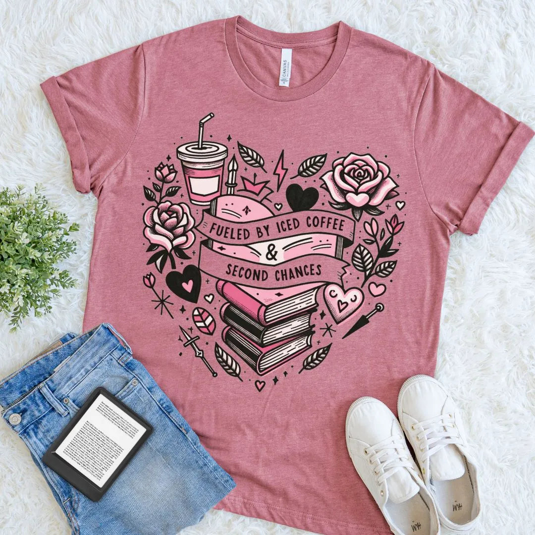 soft book lover t-shirt in heather mauve with iced coffee and second chances tattoo theme styled with denim