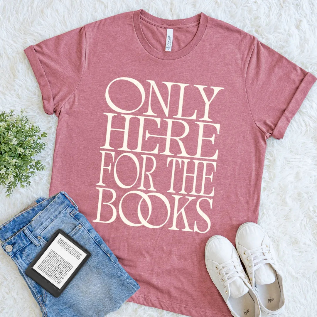 Heather mauve bookstore T-shirt with oversized retro serif typography for women who would rather browse the shelves