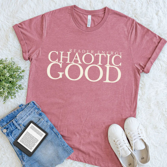 Bookish tee with clean text-based design on soft heather mauve  fabric